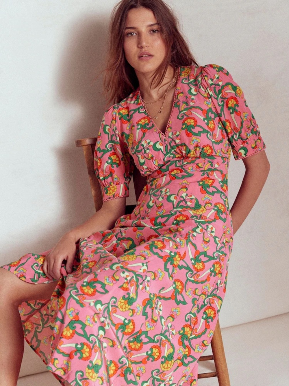 Boden Floral Midi Dress in Pink